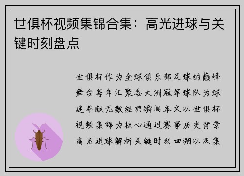 世俱杯视频集锦合集：高光进球与关键时刻盘点