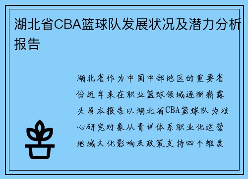 湖北省CBA篮球队发展状况及潜力分析报告