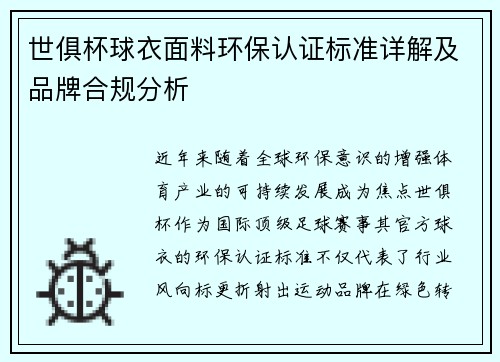 世俱杯球衣面料环保认证标准详解及品牌合规分析